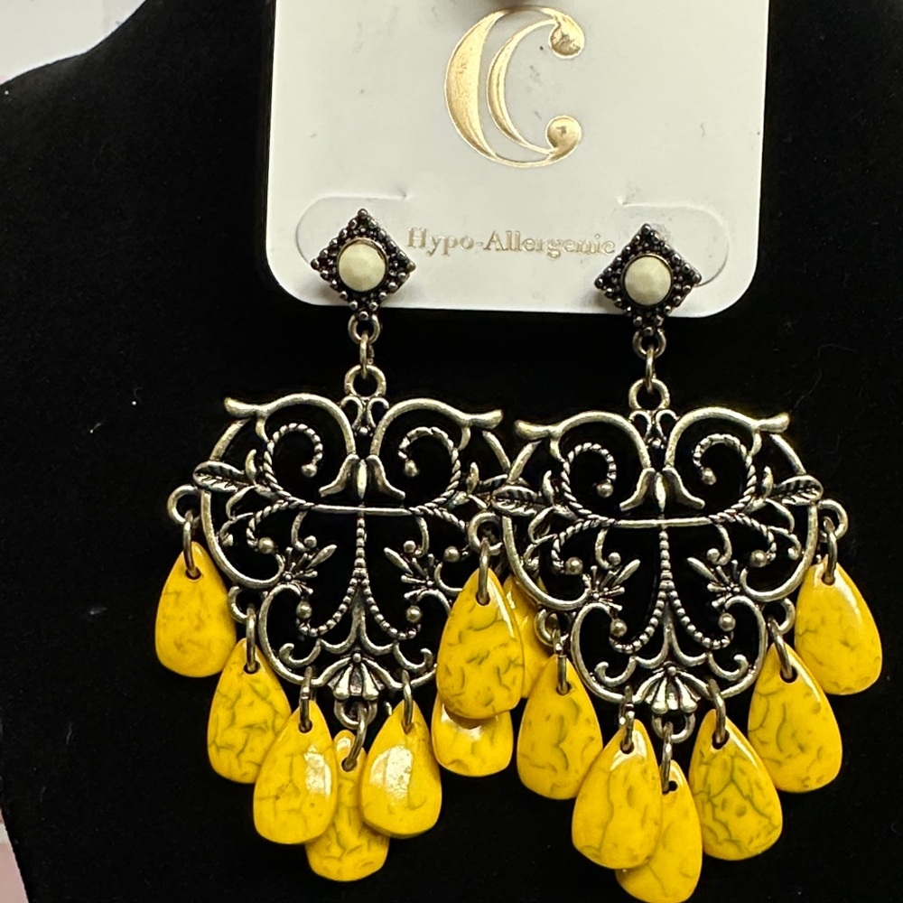 Yellow Teardrop Filigree Dangle Earrings